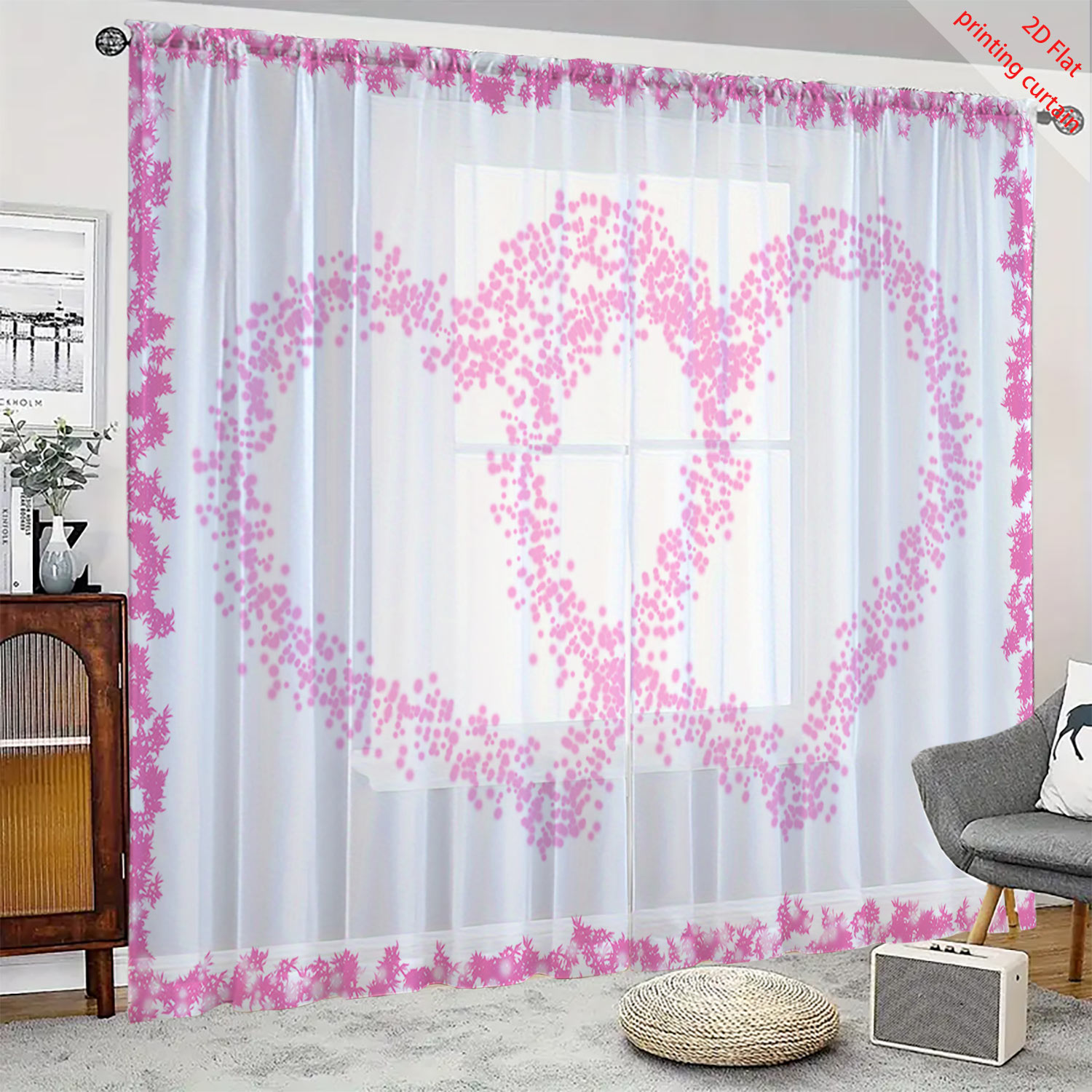 Curtain Sheer Voile - Heart Shaped Printed Transparent Gauze Curtain